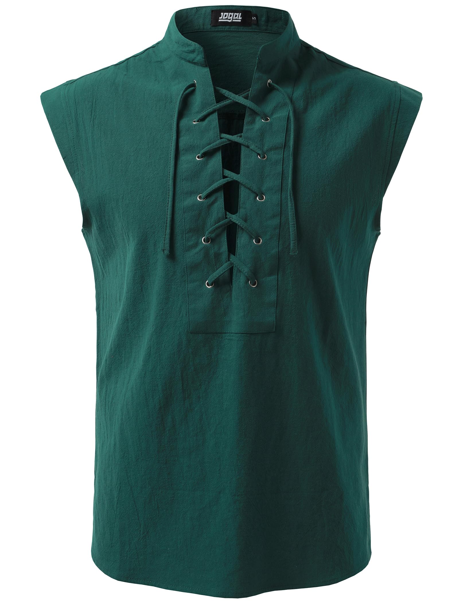 JOGAL Mens Renaissance Shirt Pirate Medieval Sleeveless Halloween Costume Steampunk Viking Lace-up Stand Collar Shirts