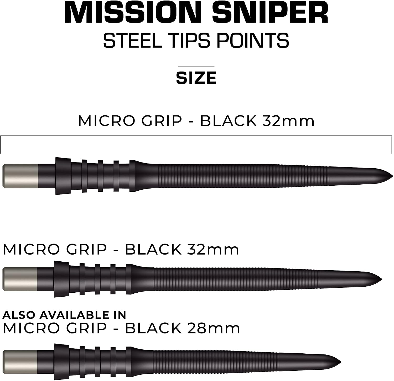 Mission Darts Sniper Points Micro Grip | Steel Tip Replacement Points | 32mm Black