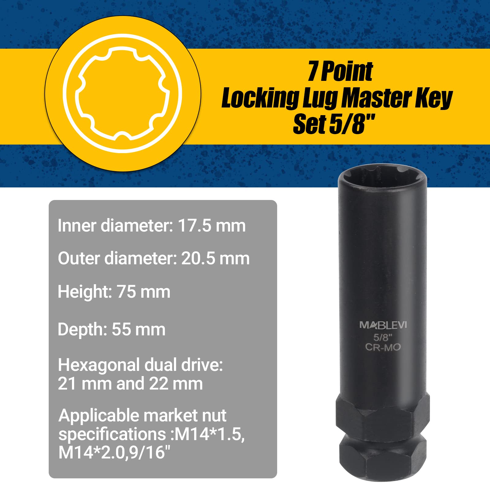 MABLEVI 8PCS Wheel Lock Removal Kit, SAE Metric Locking Lug Nut Master Key Set for Aftermarket and Factory Wheel Tire Keys, Removing Spline Lug Nut Socket