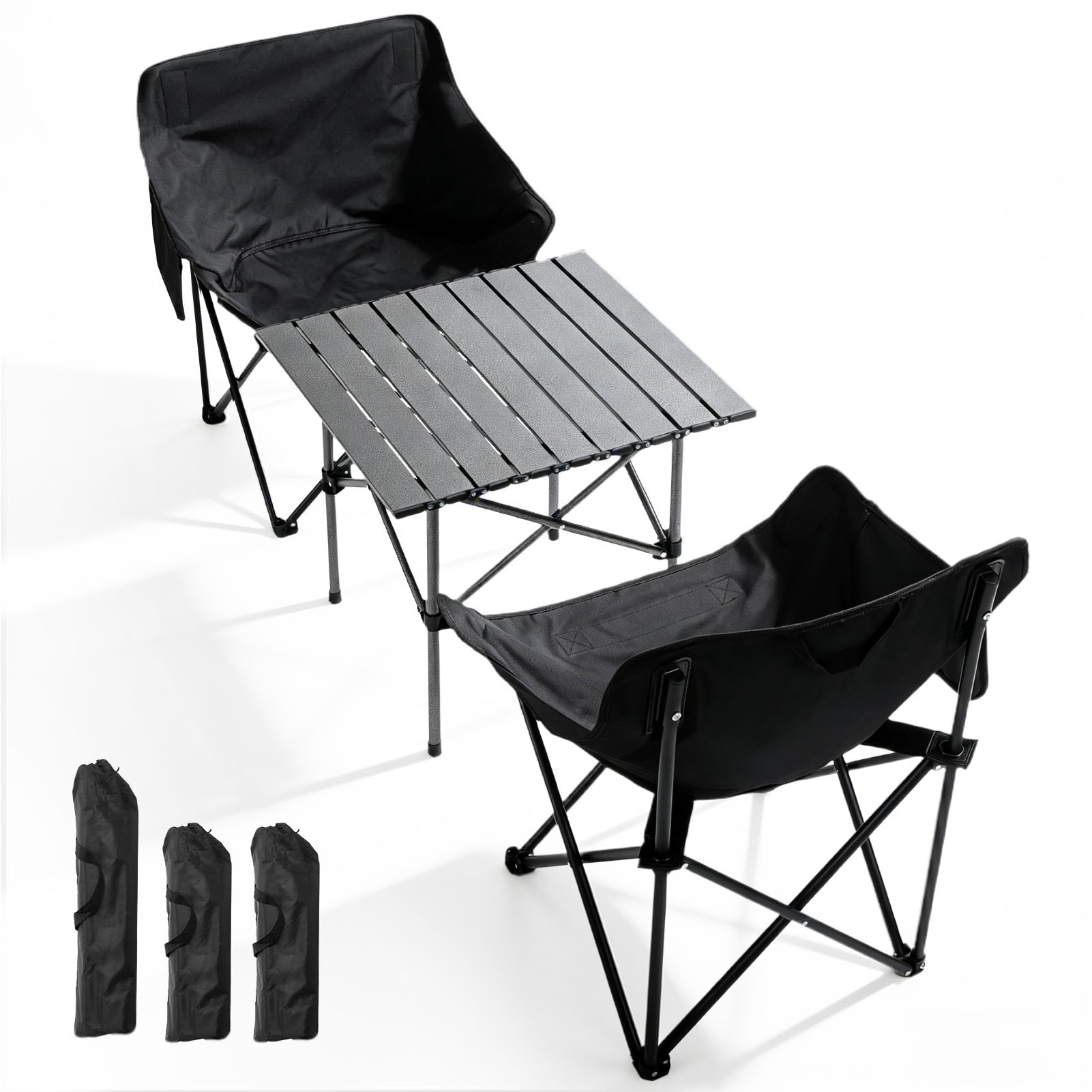 Warmiehomy Garden Table and Chairs Set 2, Camping Table and Chairs, Foldable Camping Table Set, Carbon Steel Folding Table and Chairs with Side Pocket & Carry Bag for Indoor Outdoor BBQ (55cm Table)
