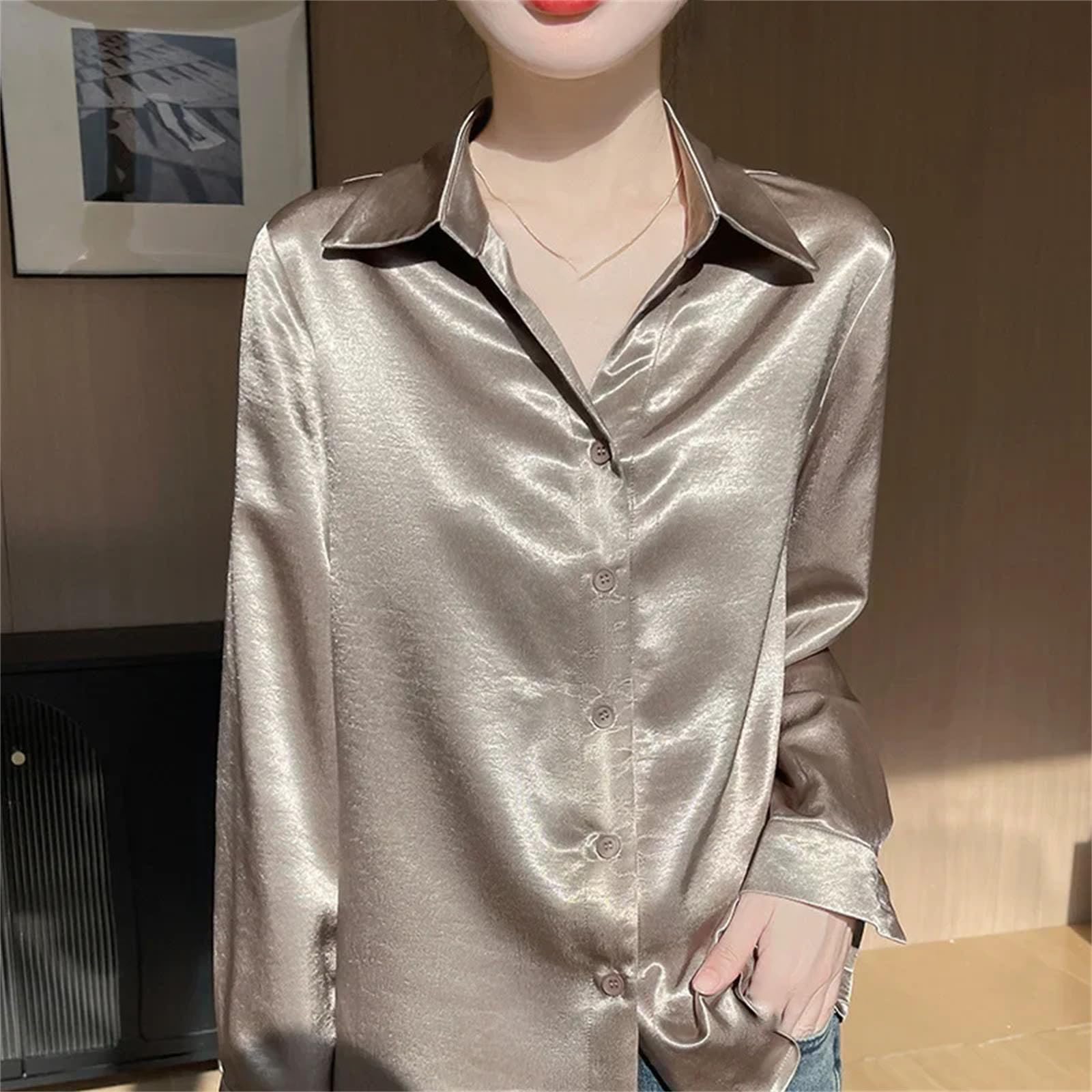Camicetta da donna in acetato satinato con scollo a V, a maniche lunghe, liscia e setosa, per ufficio professionale
