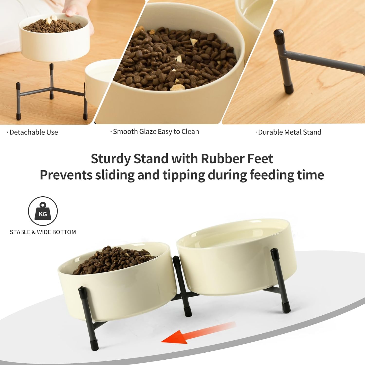 AOMRYOM 32 OZ Ceramic Dog Cat Bowl with Elevated Metal Stand, 6 Inch Ceramic Pet Dish for Food and Water, Pet Feeder Bowls for Cats & Dogs - Set of 2, Beige