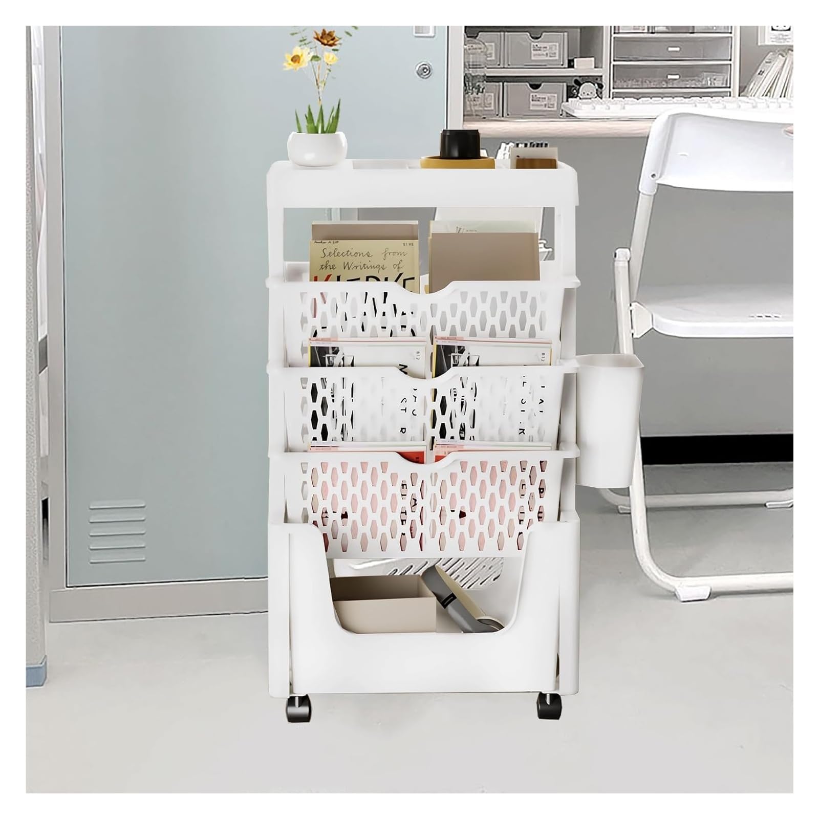 TUOYIBO Mobile Shelving, Mobile Bookshelf with Wheels, Mobile Shelving Cart, 5 Tier Book Storage Shelf, Mobile Bookshelf with Wheels, Later Storage Basket