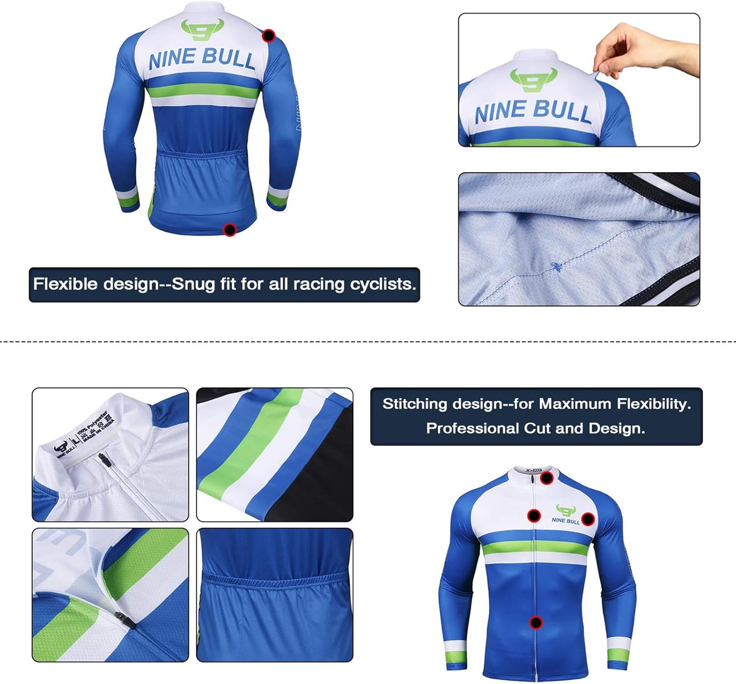 Men's Cycling Jersey Set - Reflective Quick-Dry Biking Shirt and 3D Padded Cycling Bike Long Pants and Long Sleeves Blue - Image 4