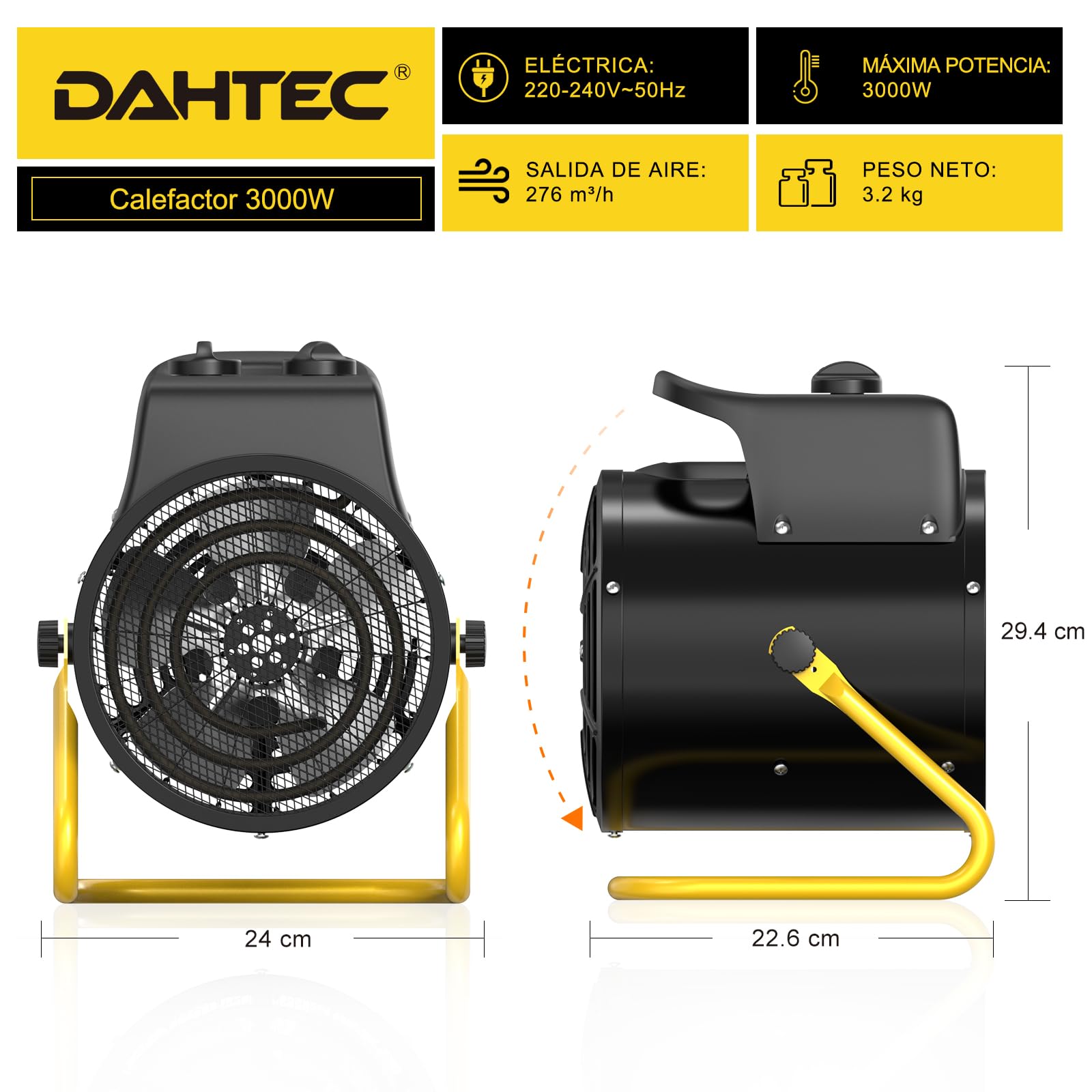 Calefactor Electrico 3000W de Aire Caliente - ECO Bajo Consumo - con Ajuste de ángulo de 0 a 25°, Termostato y Protección Contra Sobrecalentamiento - Apto para Hogares, Tallers