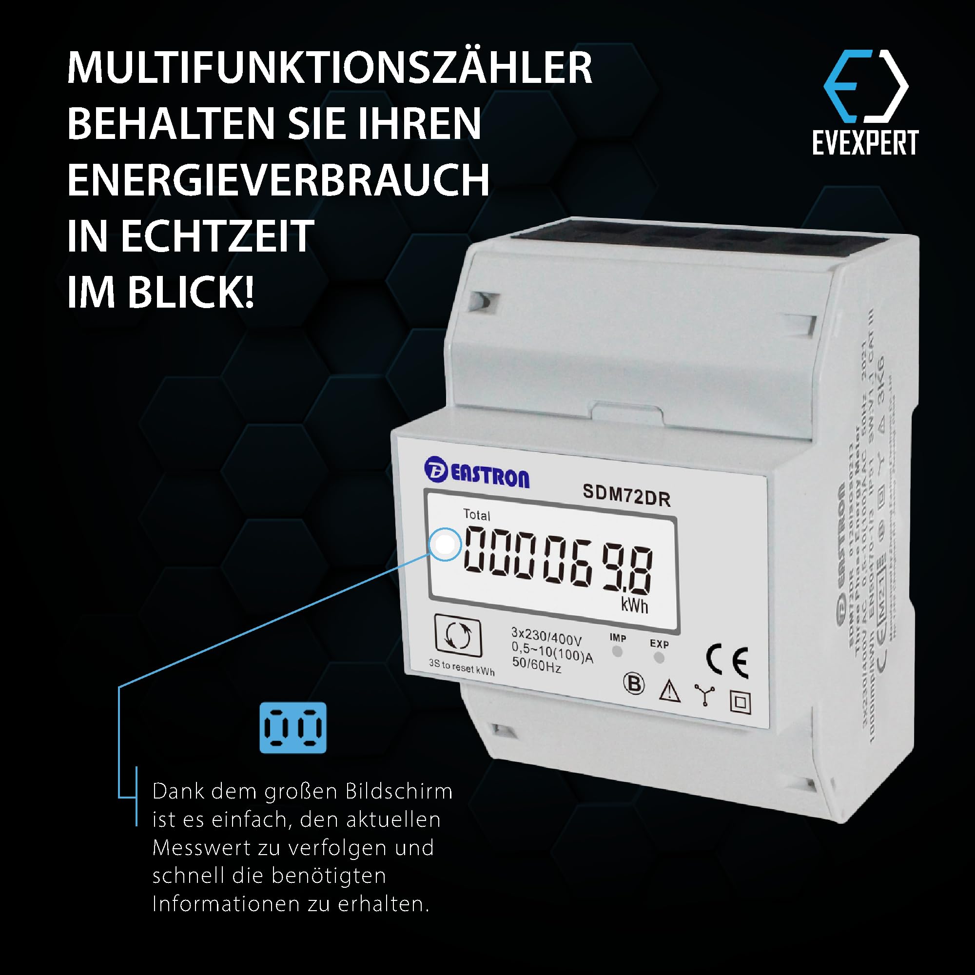 EASTRON SDM72-DR-MID - digitaler Drehstromzähler - 100A 3-phasig - Stromzähler für DIN-Schiene mit Resetmöglichkeit - geeicht