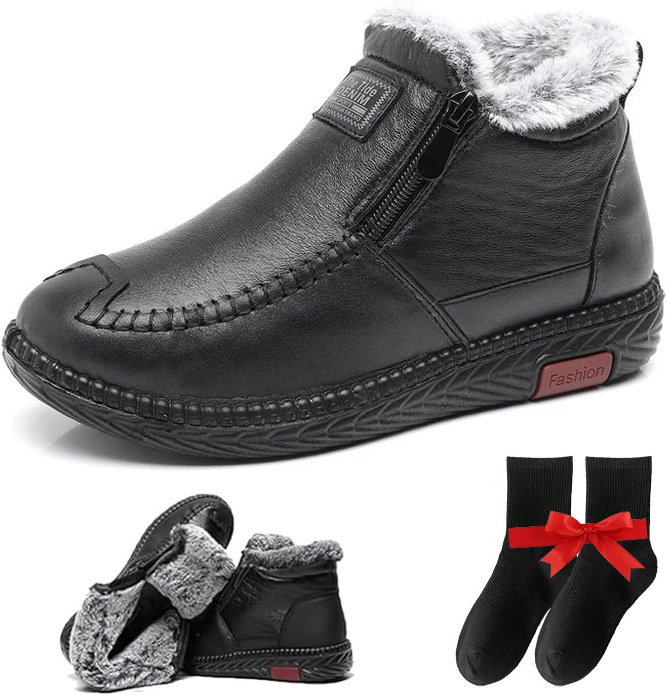 Women's Waterproof Non-slip Cotton Leather Boots, Warm Lined Wide Snow Booties Low Heel Black Ankle Boots with Zipper