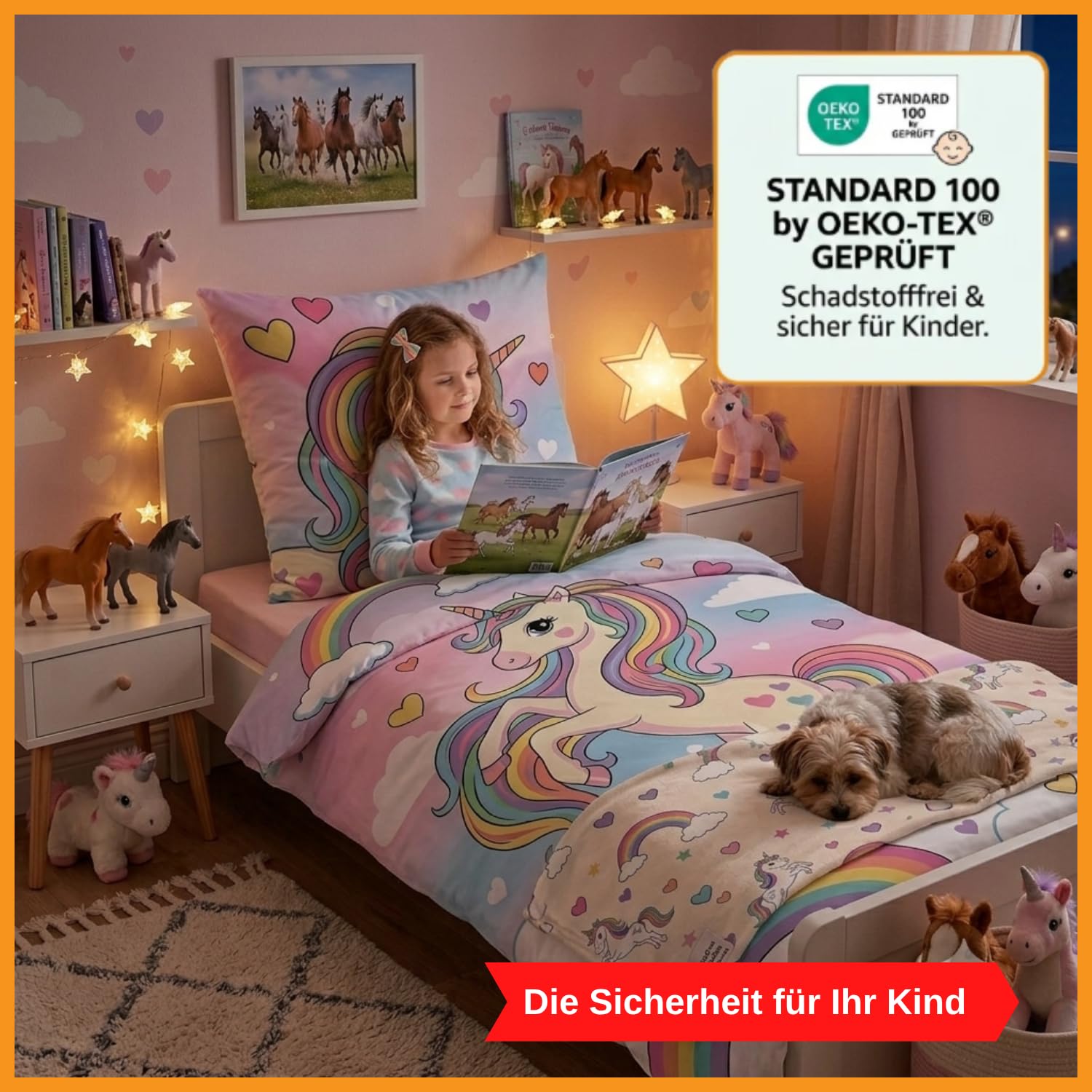 Aminata kids Bettwäsche 135x200 Einhorn-Motiv Mädchen 100% Baumwolle