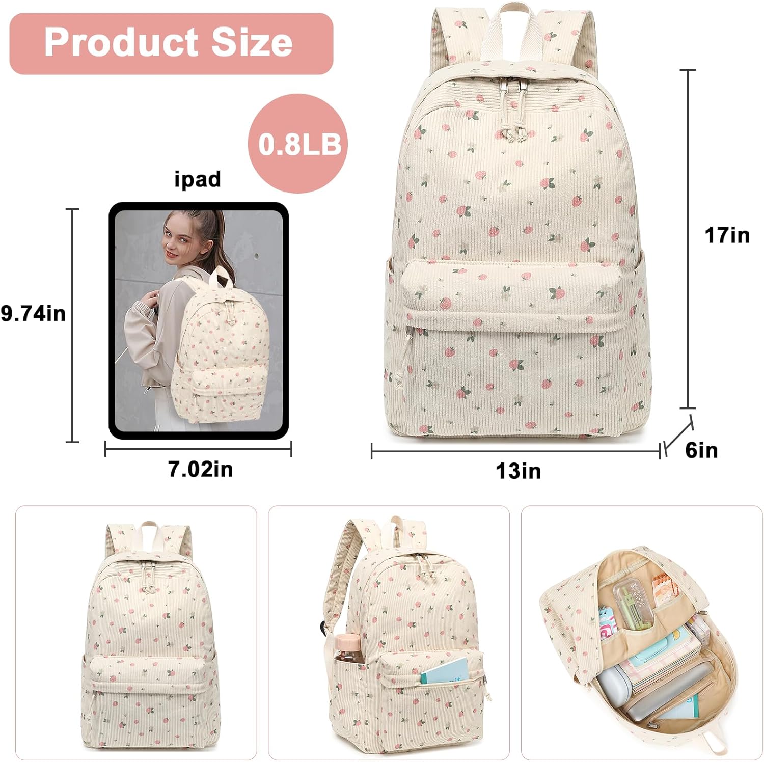 BTOOP School Backpack for Teens Large Corduroy Bookbag Lightweight 15.6 inch Laptop Bag for Girls Women Casual High School College - Image 4