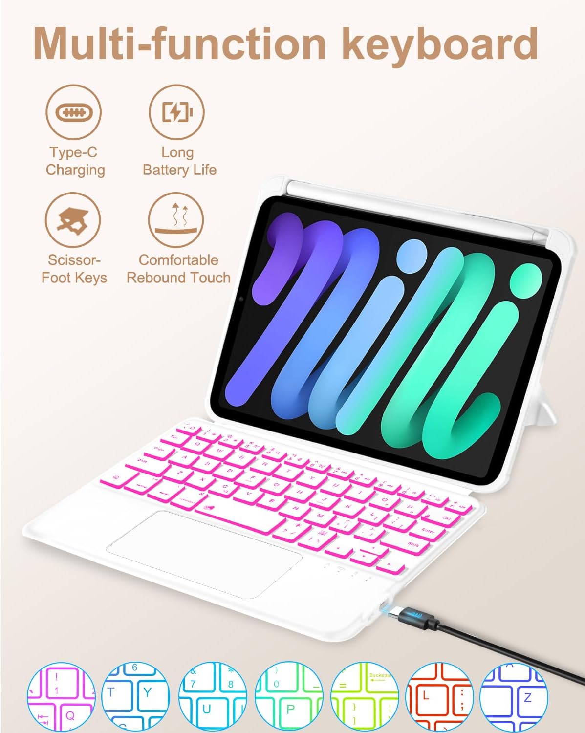 EAMPANG Case with Trackpad Keyboard for iPad mini 7th(A17 Pro, 2024)/6th Generation 8.3 inch,7-Color Backlit Wireless Keyboard Magnetic Detachable Multi-Angle Stand Cover for iPad mini 6 7 White