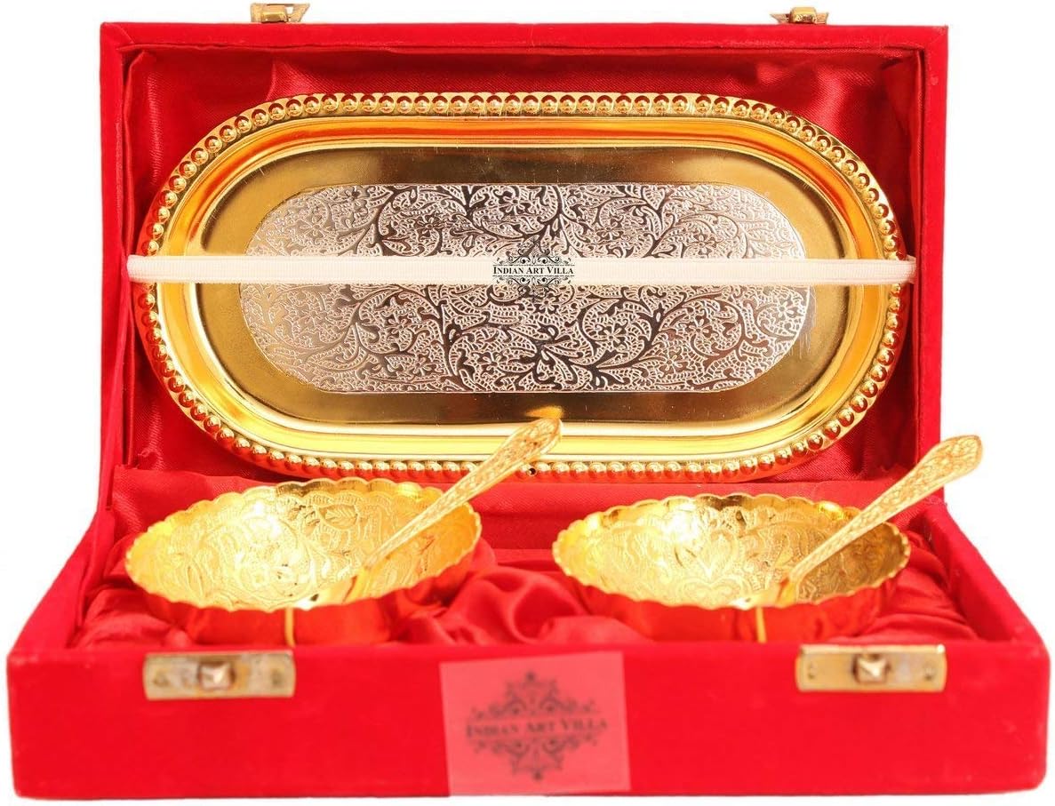 Indian Art Villa Silver Plated Gold Polished Bowl Set with Spoon Tray, Diwali Gift Item