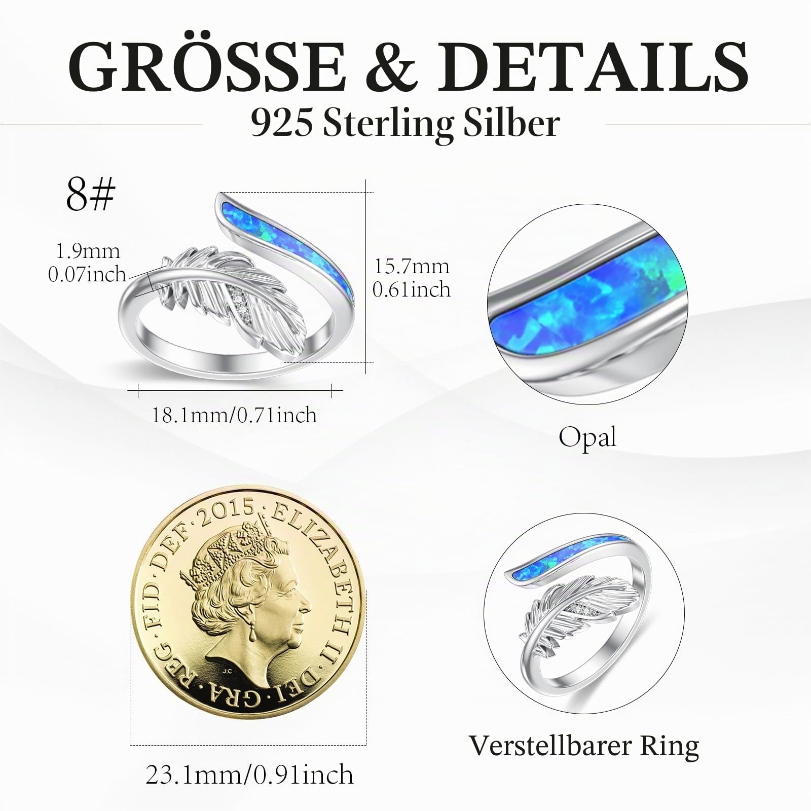 Feder Ring 925 Sterling Silber Opal Feder Ring Verstellbar für Damen Verstellbarer Ring Weihnachten Halloween Ostern Muttertag Valentinstag Geburtstag Schmuck Geschenke für Damen