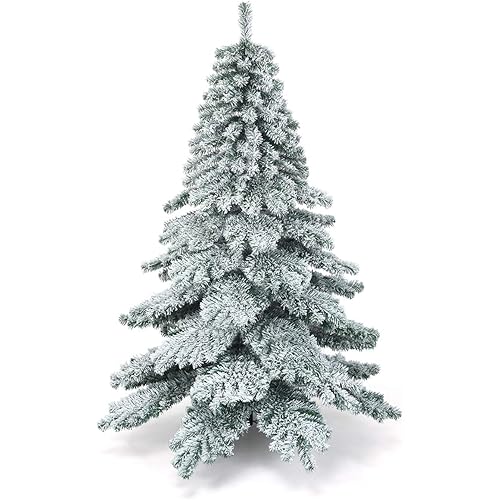 Goplus 6ft Snow Flocked Artificial Christmas Tree, Hinged Alaskan Pine Tree with Metal Stand, 100% New PVC Material, Xmas Tree for Indoor and Outdoor Use