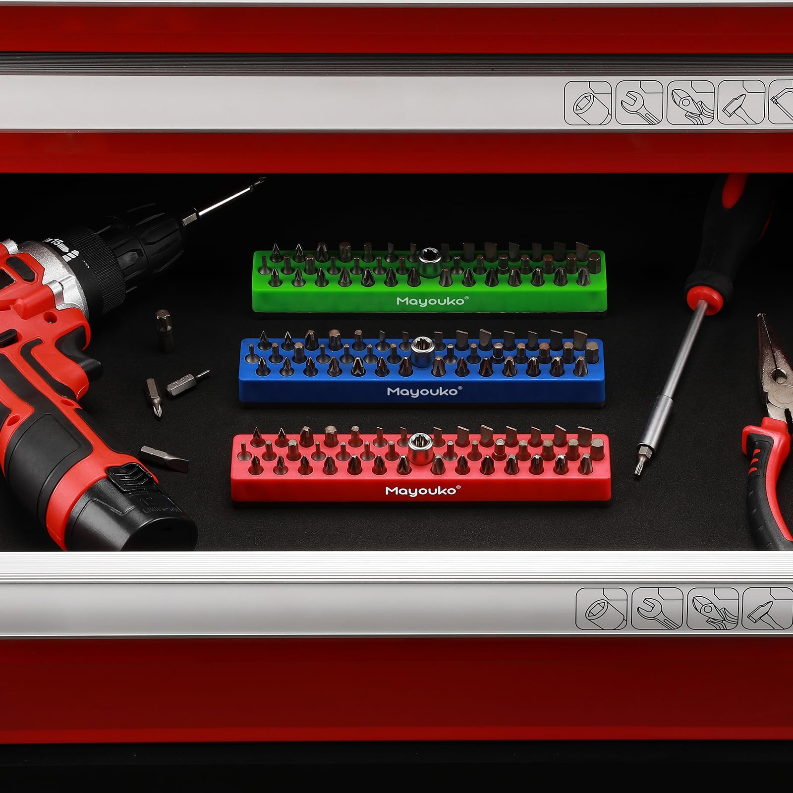 Mayouko 3 PCS 1/4" Magnetic Hex Bit Holder Rack Organizer, 129 Holes, 3 Racks, Magnetic Bit Holder with Magnet Base for Screwdriver Bits