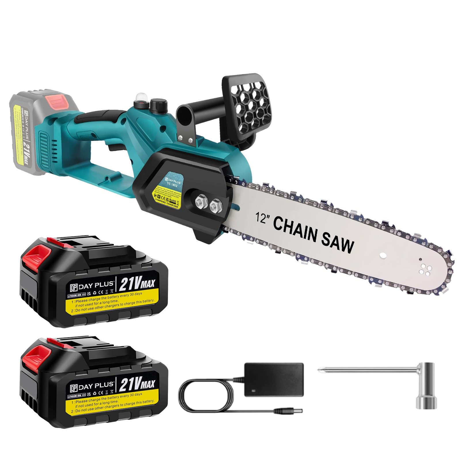 12" Cordless Chainsaw with 2× 21V Batteries, Battery Powered Chainsaw with Auto Oiler, Brushless Motor, Safety Lock, for Wood Cutting, Tree Trimming & Gardening, High-Hardness Chain