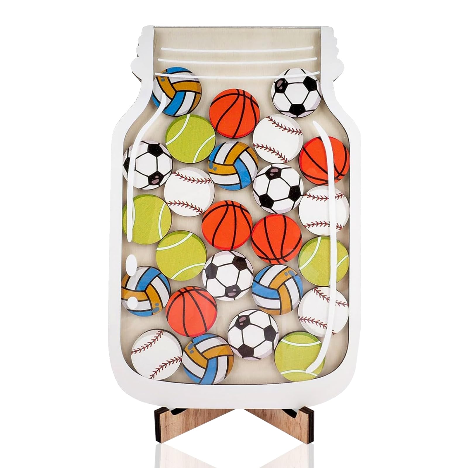 Bocal De Récompenses En Bois – 25 Balles Multicolores – Football, Basket, Tennis – Système De Motivation Pour Enfants – 21 X 13,5 Cm
