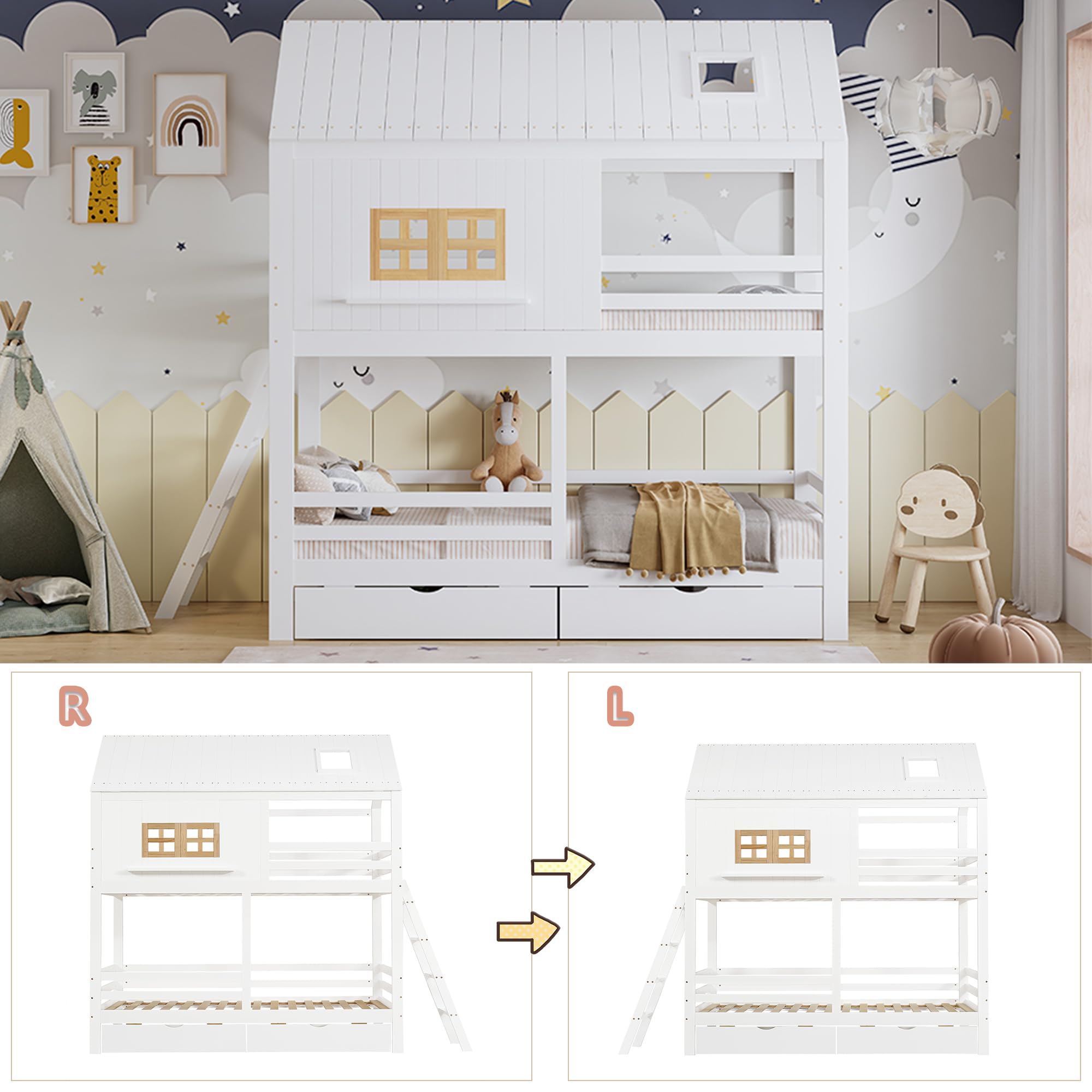Kinderbett 90x200 cm mit Schubladen und Offene Regale, Etagenbett mit Hausformen und Fenster, Stauraumbett mit Leiter, Holzbett für Kinder und Jugendliche, Weiß+Natur-B(Ohne Matratze)
