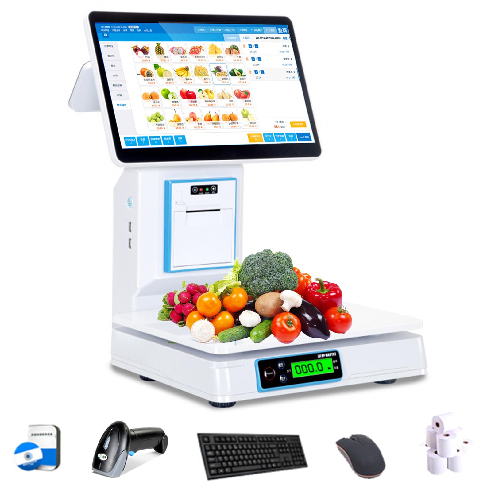 TPV con Báscula, Pantalla Táctil Capacitiva De 15,6", Terminal TPV con Escáner Portátil Y 10 Rollos De Papel, Caja Registradora con Teclado E Impresora. para Restaurantes Singlescreen
