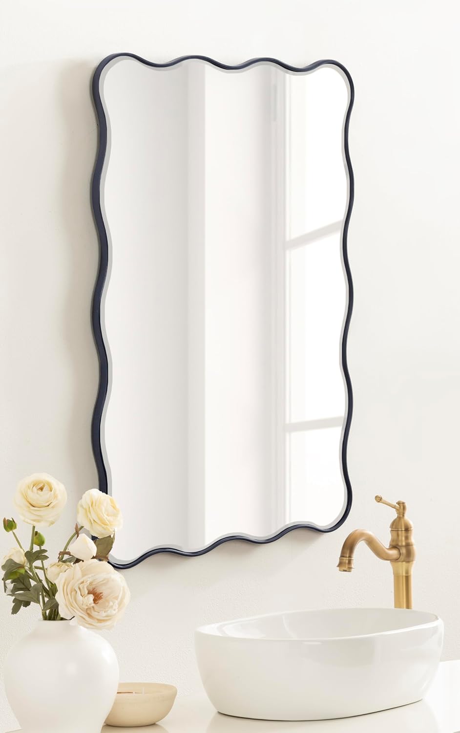 Kate and Laurel Viona Modern Scalloped Rectangle Mirror; 24 x 36; Navy Blue; Decorative Bathroom Mirror for Over Sink with Unique Rippled Edge for Wavy Wall Decor Accent