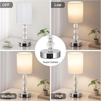 Aooshine Touch Table Lamp, Crystal Bedside Lamps for Living Room, Bedroom | 3 Way Dimmable, USB C+A Charging Ports, Bed Lamps with White Fabric Shade, UK mains plug, Bulb included