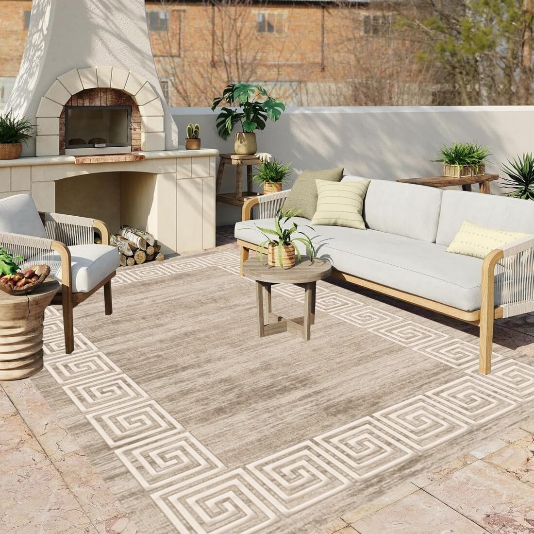 Tan Beige Greek Key Frame Border 2x3 Distressed Rough Thin Waterproof Outdoor Rugs for Patios Balcony Deck Porch Pool Garden Backyard Hallway Non Skid Quick Dry Washable Reversible Carpets