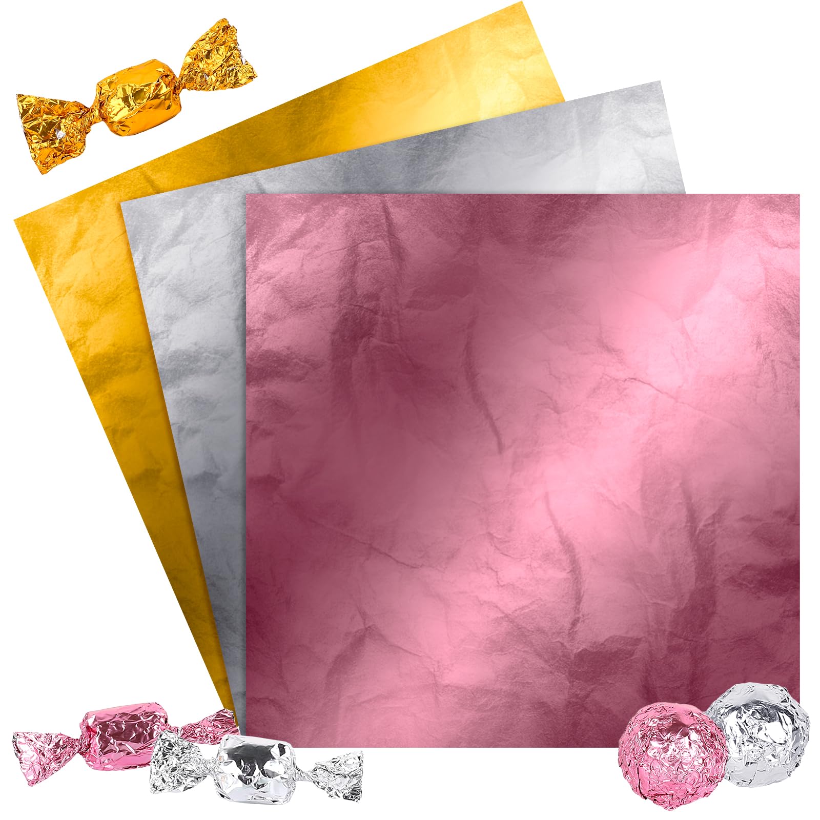 Whaline 300Pcs Foil Chocolate Candy Wrappers Silver Gold Rose Gold Aluminum Foil Paper Wrapping 3.9 x 3.9 Inch Square DIY Packaging Paper Decoration for Candy Sweets Lollipop Packaging
