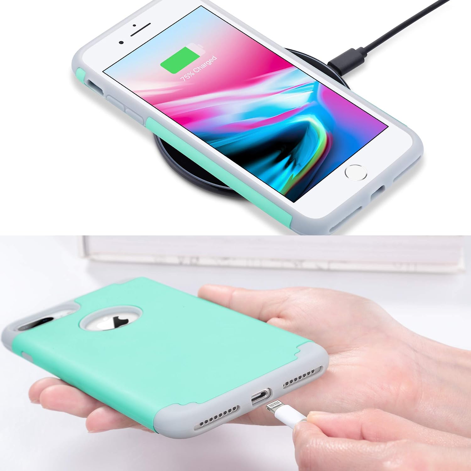 ULAK iPhone 7 Plus Case, iPhone 8 Plus Case, Slim Fit Dual Layer Hybrid Hard PC Back Cover with Shock-Absorption Soft Silicone Bumper Anti-Scratch Phone Case for iPhone 7 Plus/8 Plus, Mint Green