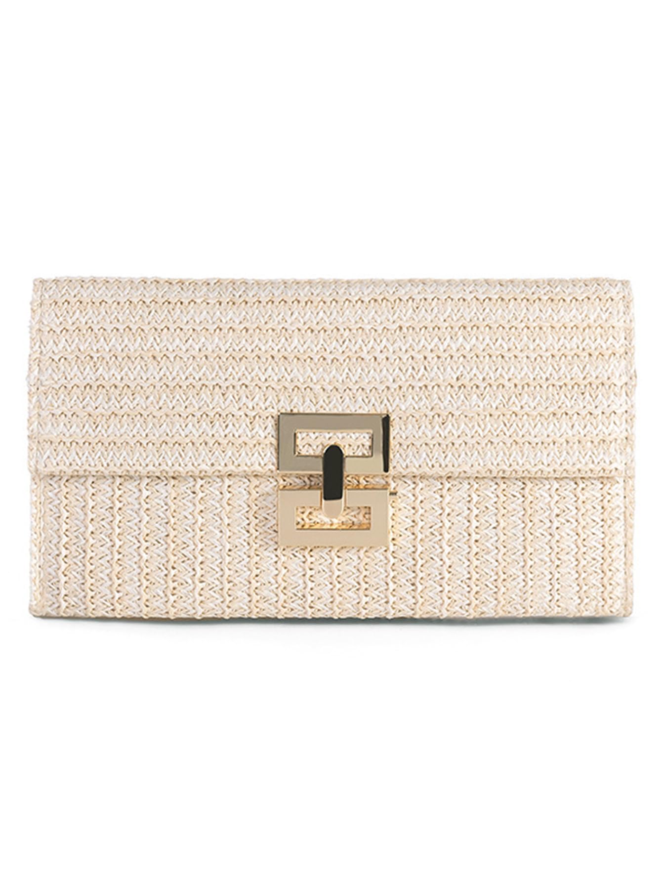COOLOYA Women's Woven Flap Clutch Purse Pleated Straw Bag Handbag Vacation Beach Bags with Metal Lock Cream One Size