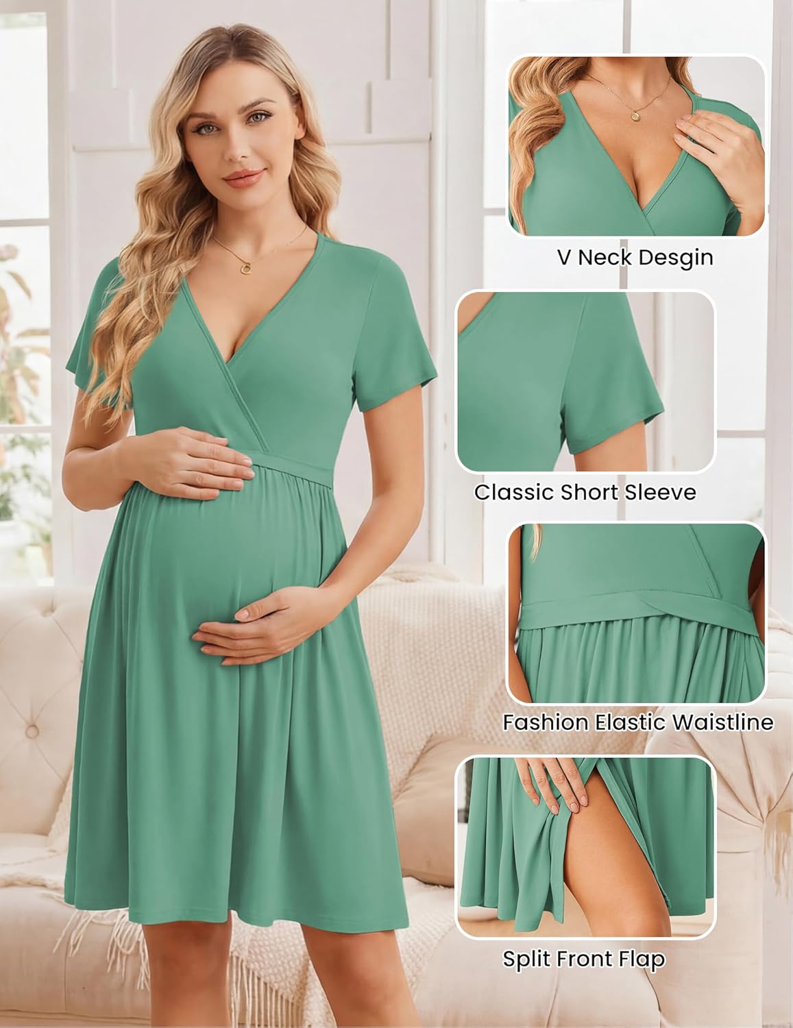 Ekouaer Women 3 in 1 Labor and Delivery Gown Split Front Flap Maternity Hospital Dress Nursing Nightgown for Breastfeeding - Image 3