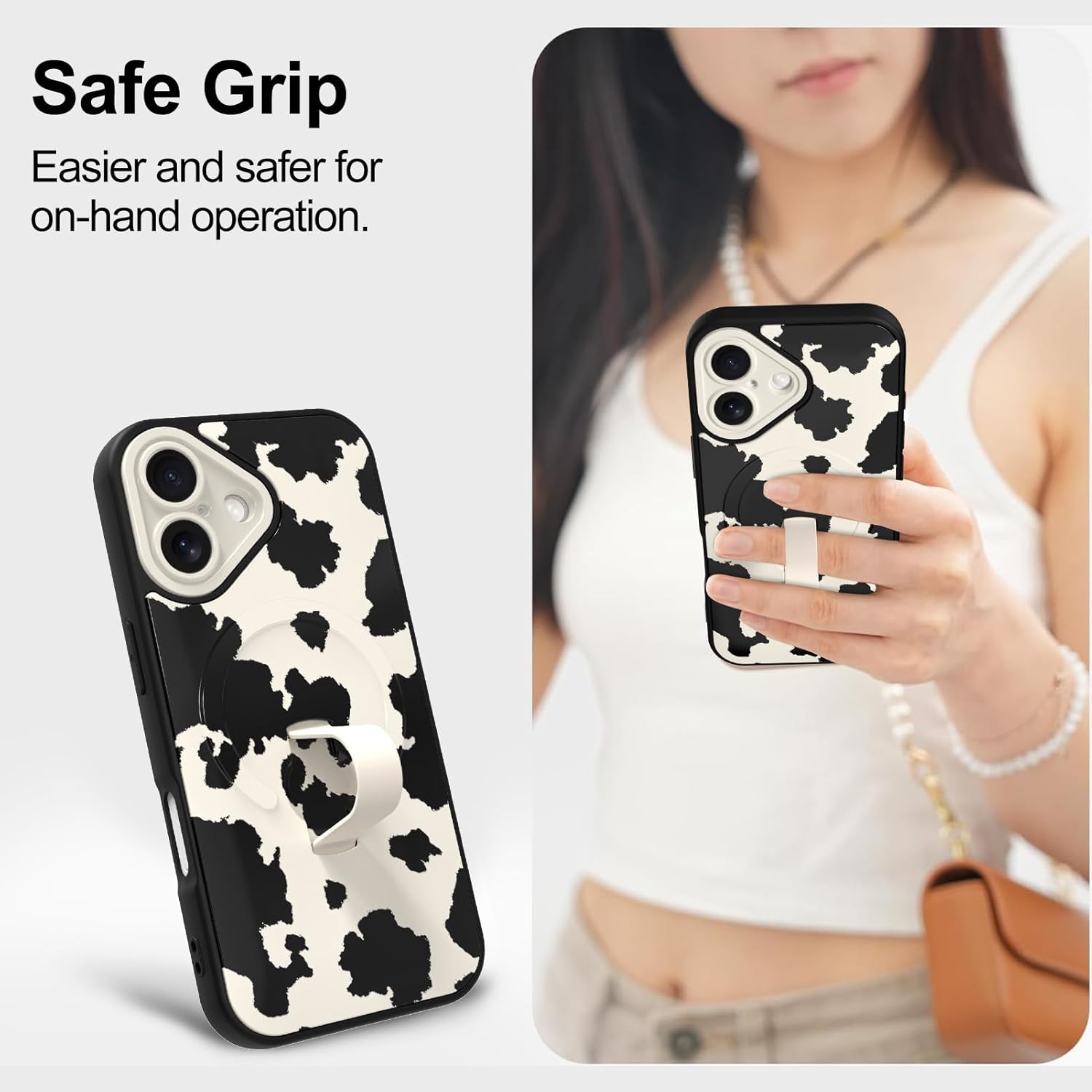 Magnetic for iPhone 17 Case with Finger Strap Stand, Compatible with Magsafe, Trendy Funny Milk Cow Phone Case for Women Men Slim Shockproof Cover for 17, Milk Cow