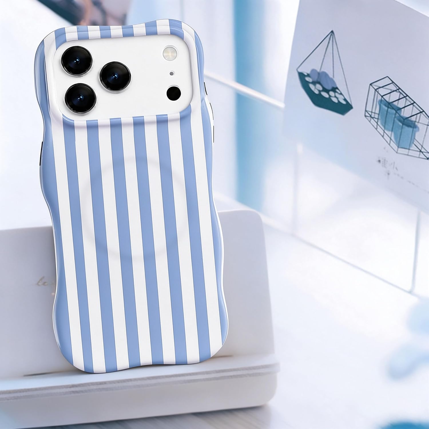 Magnetic for iPhone 18 Pro Max Case, Wavy Edge Cute Striped, Blue image 2