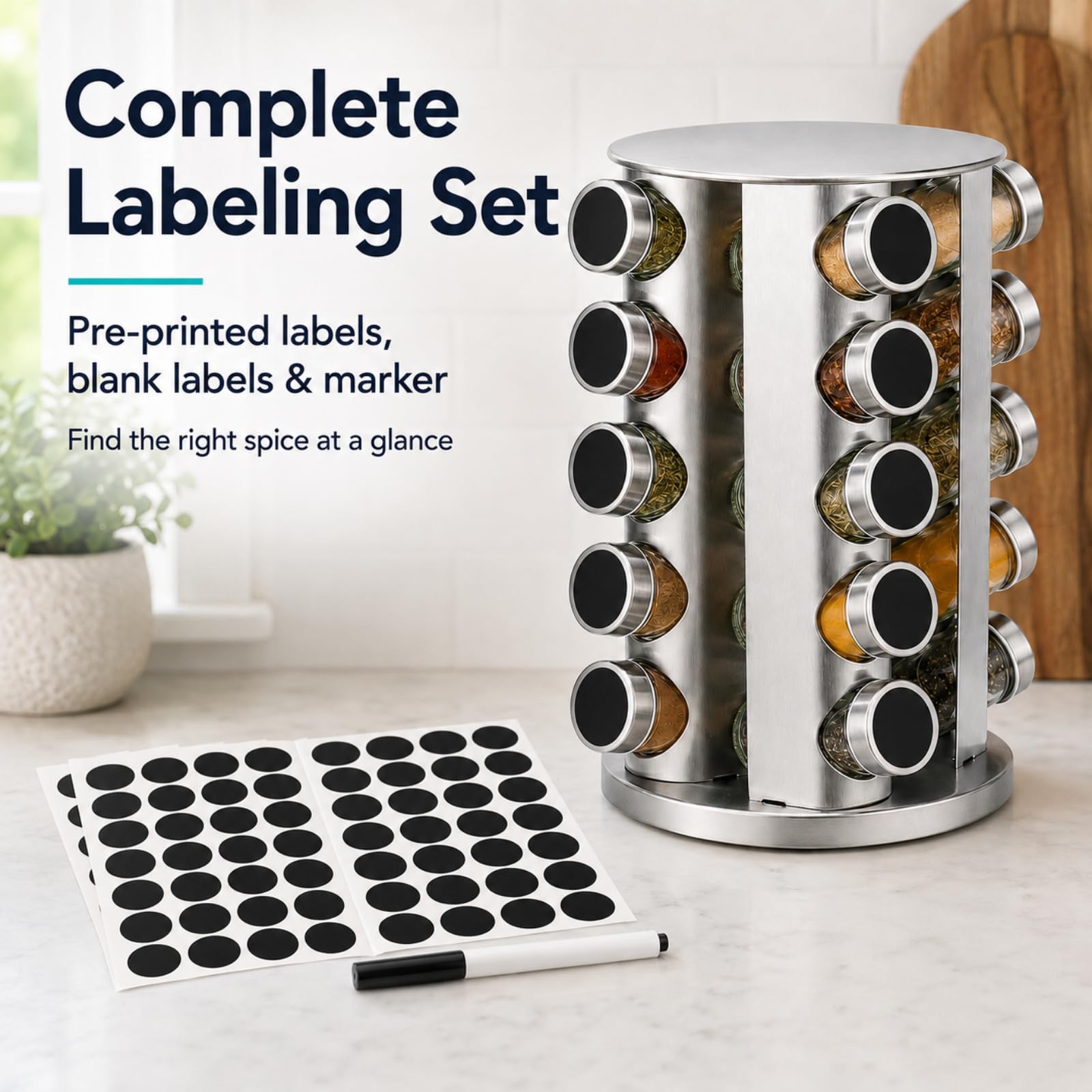 Gewürzregal drehbar, Edelstahl, mit Etiketten und Stift | Gewürzregal Stehend 5-stöckiges Design Spice Rack 360° Drehbar, mit 20 Gewürzdosen für die Küche
