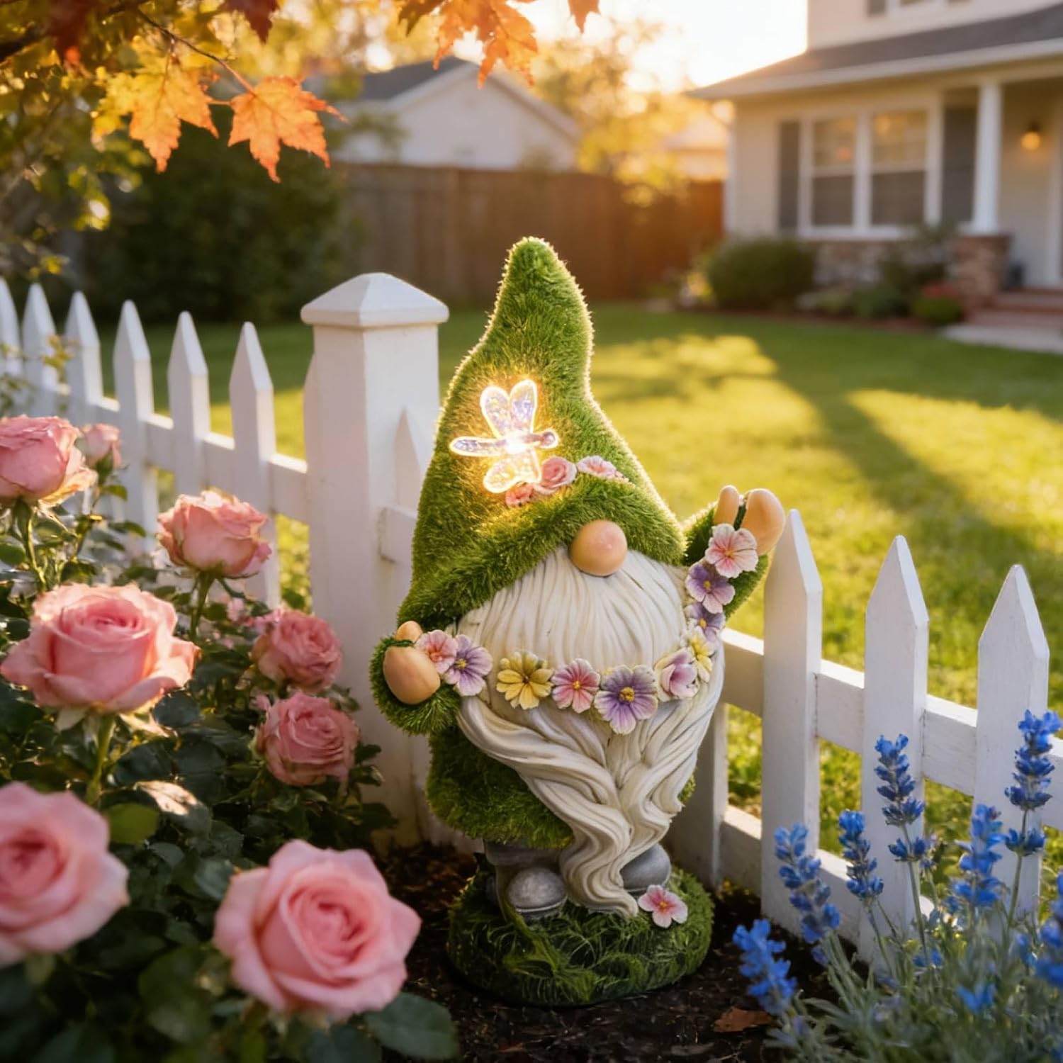 DiliComing Garden Flocked Gnomes Decor for Yard - Artificial Green Moss Gnome Statue with Solar Light, Dwarf Sculpture for Outdoor Patio Porch Lawn Decor, Spring Decorations for Home