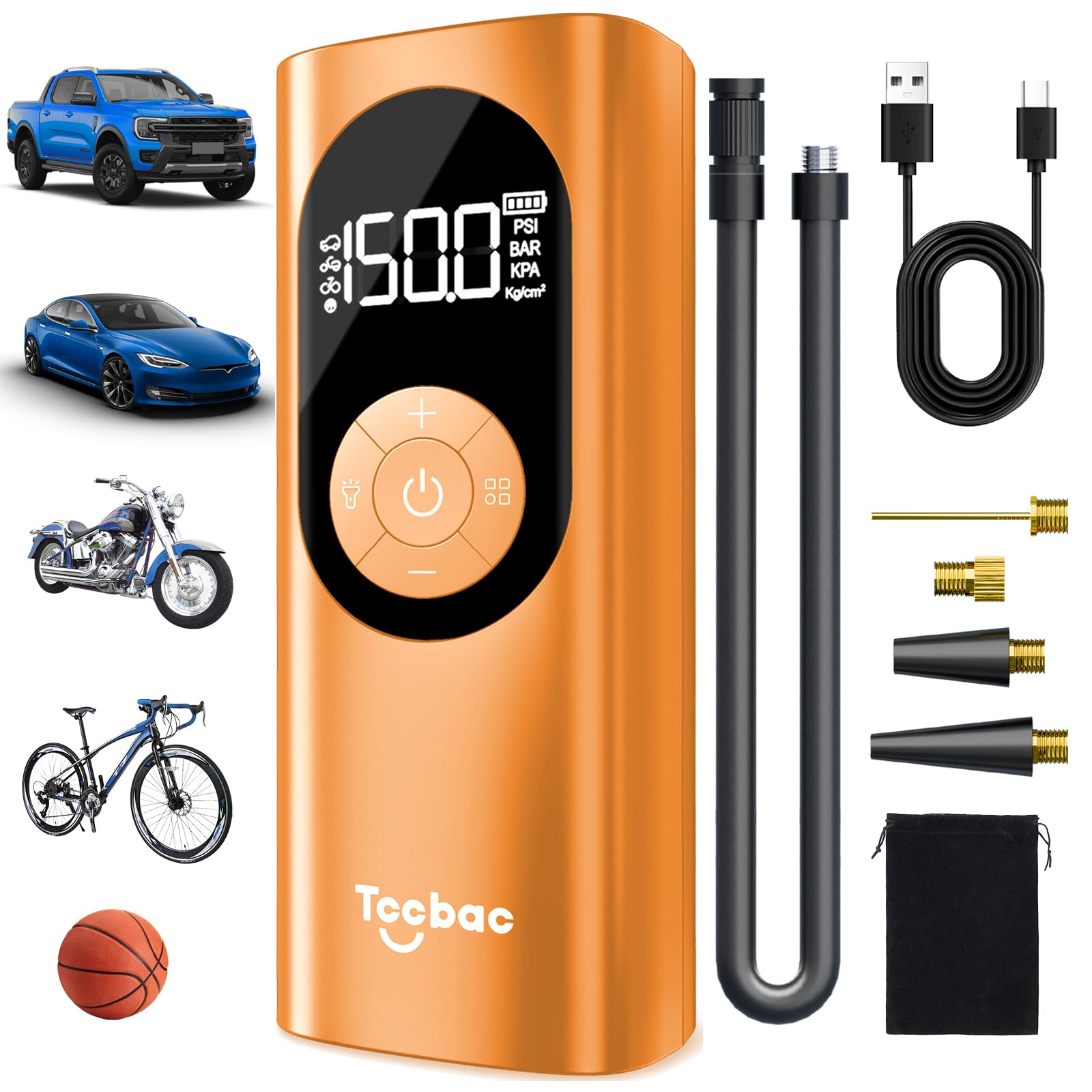 Compresor de aire portátil con apagado automático y luz LED, bomba de aire inalámbrica de 150 PSI con medidor de presión digital, bomba eléctrica de inflado rápido de 20 segundos para coche