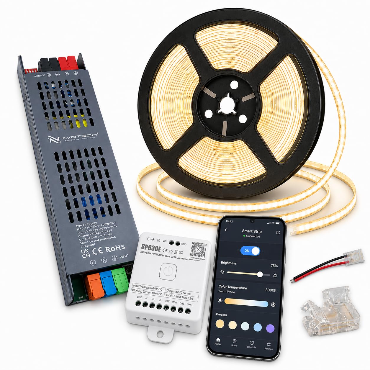 25M COB LED Strip Light Kit 3000K Warm White 24V, 400W PSU, WiFi Dimmer