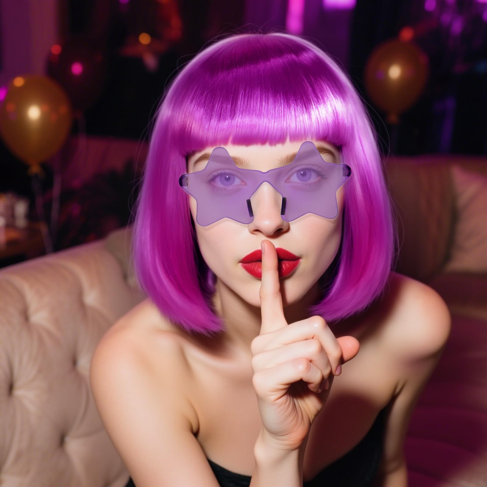 BEKIDER Dark Purple Bob Wig (1 Pair of Glasses+ 1 Hair Cap) Colored Wigs Party Outfit Colorful Bob Wig with Bangs Funny Wigs Mardi Gras Costume Purple Synthetic Hair for Halloween - Image 3