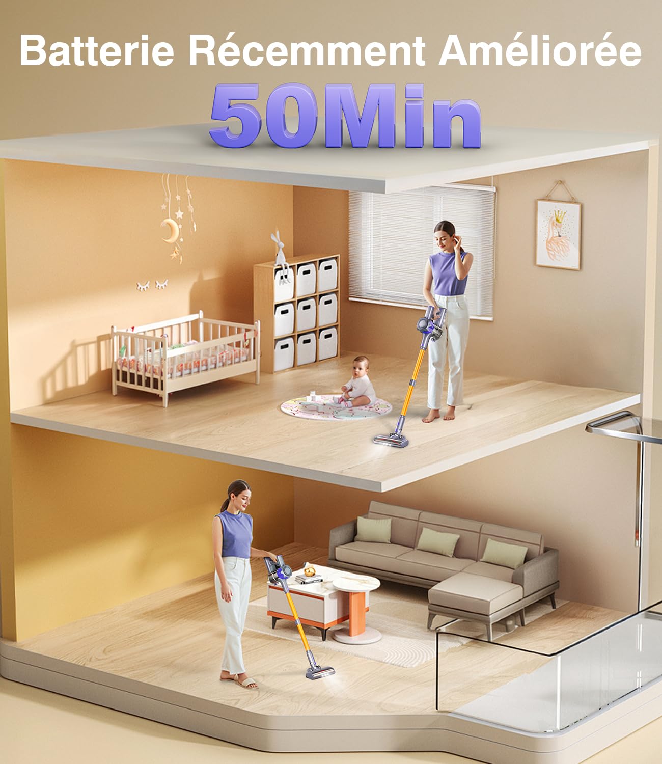 Aspirateur Balai sans Fil 450W/40KPA, 50 Minutes Autonomie Aspirateur sans Fil Puissant avec Écran Intelligent, aspirateur (Jaune)