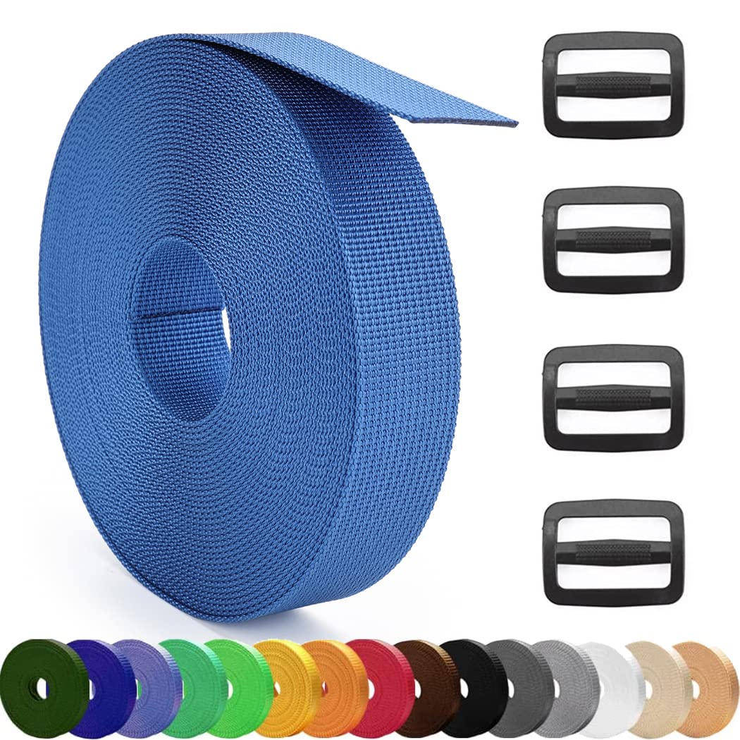 MOZETO 1 Inch Nylon Webbing Strap with Plastic Tri-Glide Slide Clips, 10 25 50 Yards Heavy Duty Nylon Strapping for Indoor or Outdoor Gear, DIY