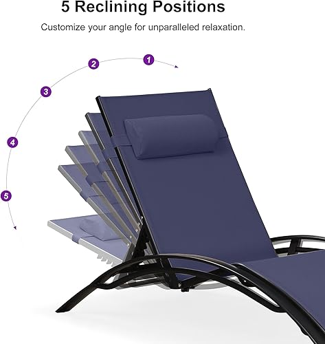 Miniatura 23 de PURPLE LEAF Juego de tumbona para patio, sillón al aire libre, playa, piscina, tumbona para tomar el sol, tumbona reclinable, sillas de bronceado