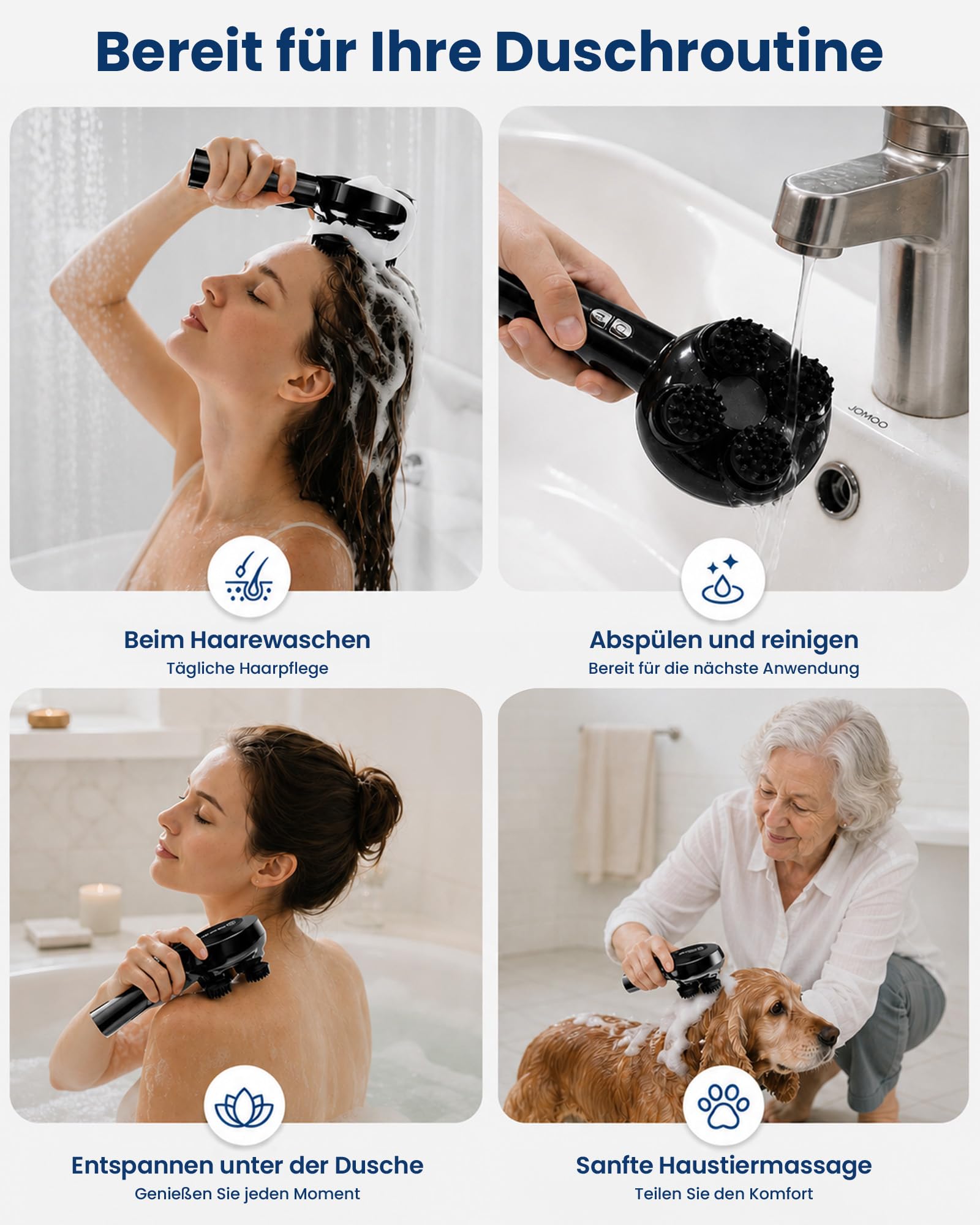 COMFIER Handheld Kabelloses Kopfmassagegerät, Elektrisches Kopfhaut-Massagegerät mit 3 Modi, 8 Silikonköpfen, IPX7 wasserdicht, zur Haarwachstumsförderung & Entspannung, Schwarz