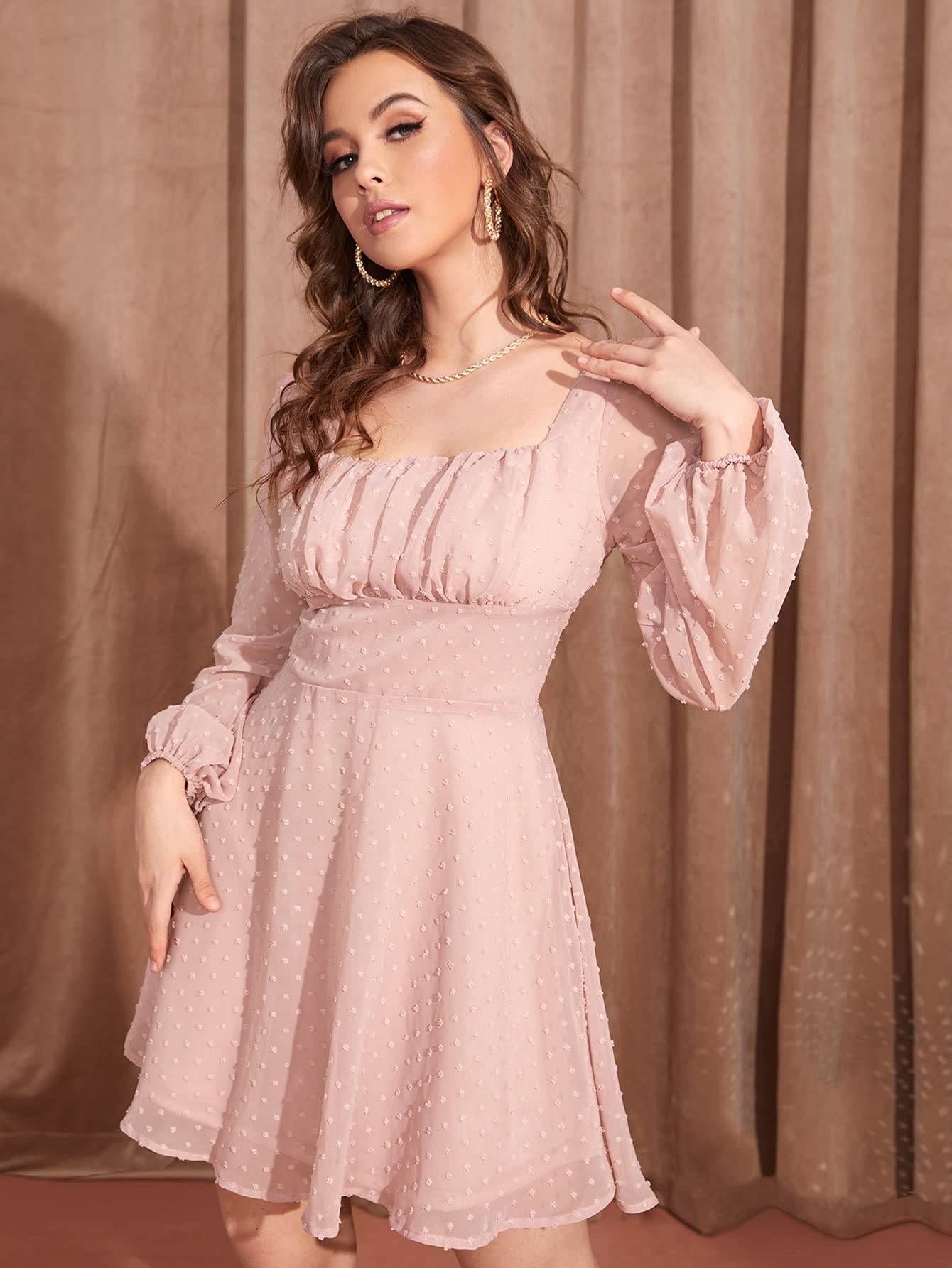 Amazon.com: Women's Dresses Ruched Bust Lantern Sleeve Swiss Dot Dress Dress  for Women(Baby Pink,Medium) : Clothing, Shoes & Jewelry
