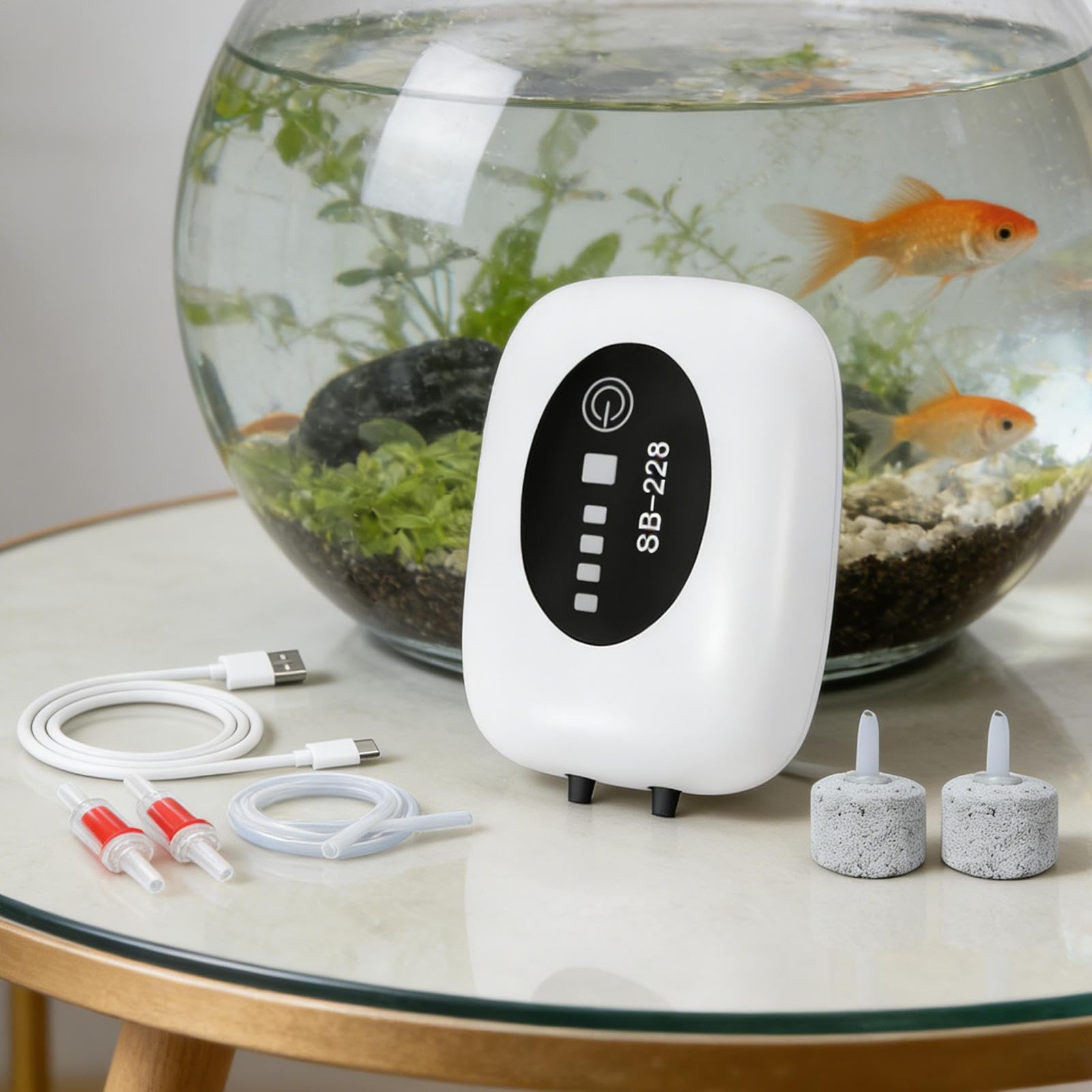 Bomba de Aire para Acuario 2 Salidas Portátil Recargable Silencioso | Bomba de aire para peces para Estanque Fuente Hidroponía Agua Salada Plantas Vivas Interior Exterior