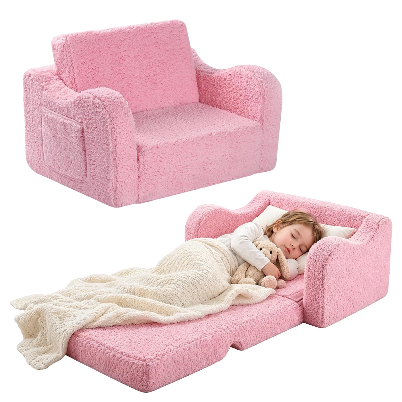 MeYuxg 3 en 1 Sofa Infantil, Sillon Bebe para Niños y Niñas, Sillón Convertible y Cama Plegable, Mini Sofá, Regalo del Niño y Cumpleaños, Rosa