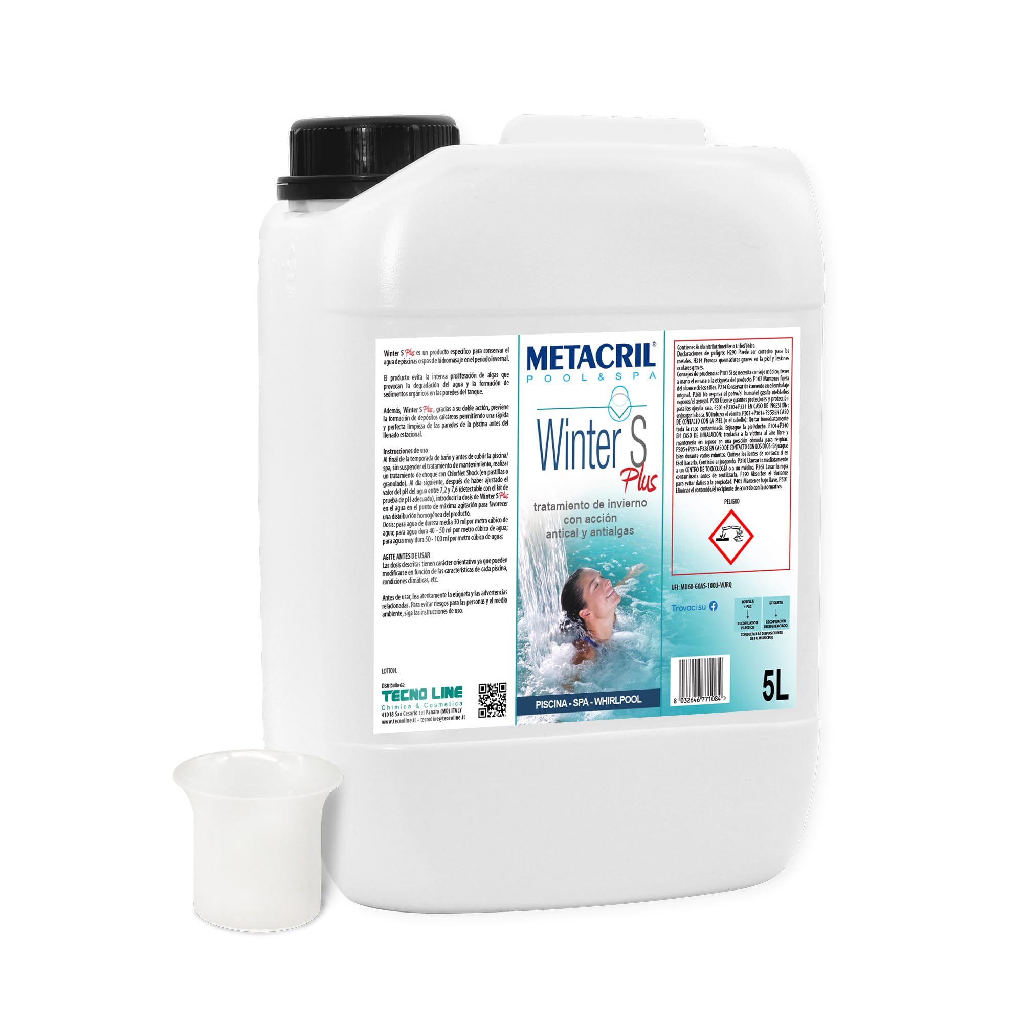 Metacril Winter S Plus + Gobelet gradué, Traitement d'hiver avec Action Anti-calcaire et élimination des algues - 5 LT