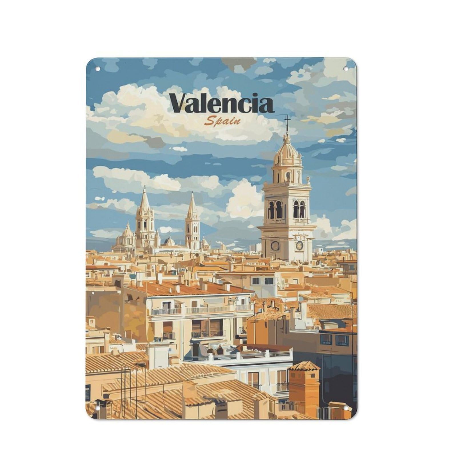 Junmoney Style-12 Valencia Cityscape Vintage Metal Sign 40X30cm For Lounge Or Reading Corner, For A Room Refresh Centred On Metal Wall Decor