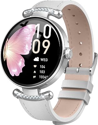 Montre Connectée Femme avec Appel Bluetooth, 1.2″ AMOLED avec Fréquence Cardiaque/SpO2/Sommeil Montre, 100+ Mode Sportifs Montre, IP68 étanche Fitness Podomètre Compatible pour Android iOS Blanc Crème