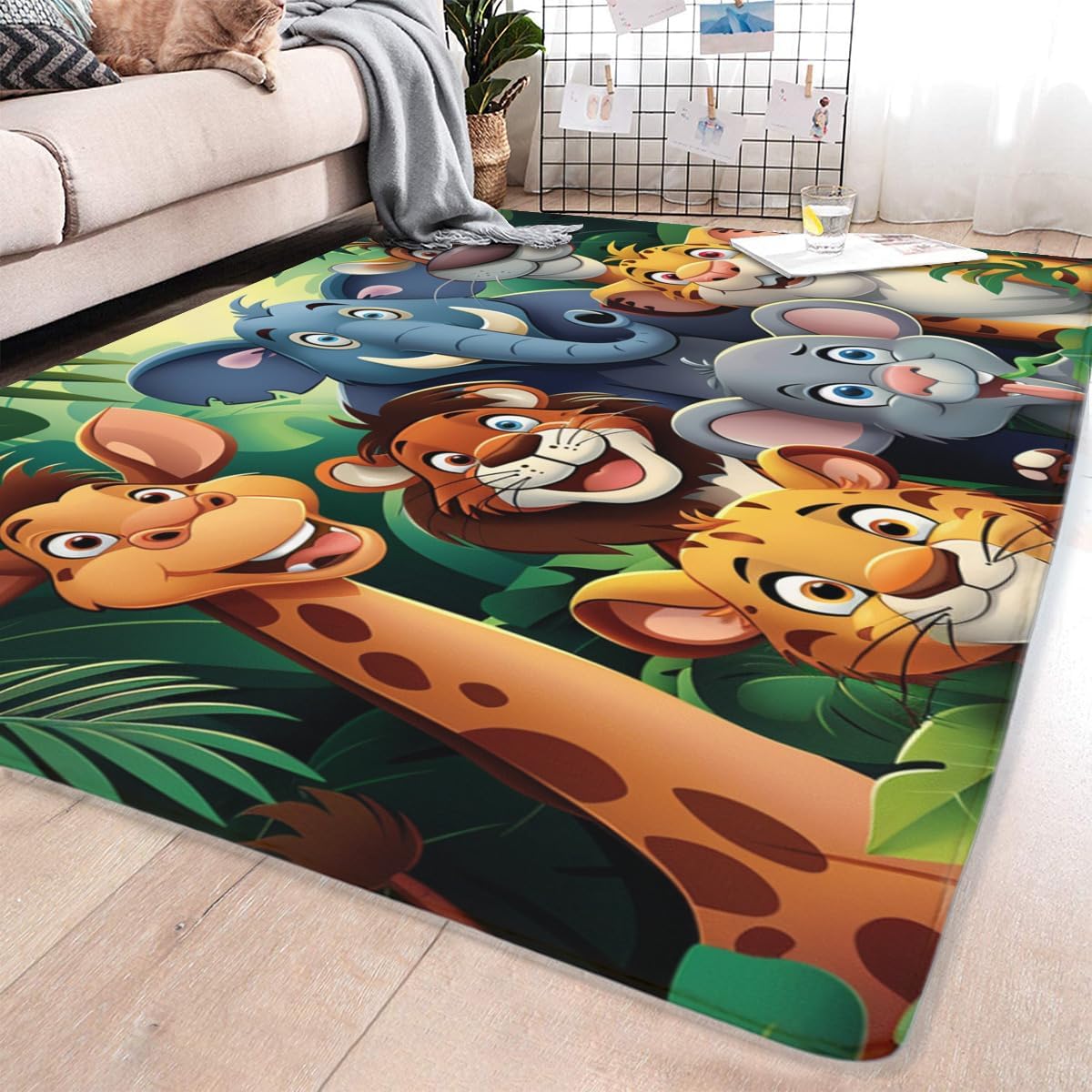Cartoon Animal Kingdom Printed Carpet, Animal Learning Play mat, Elephant, Lion, Leopard, Giraffe and Other Durable Washable Animals Cute Cartoon Floor Rug Suitable for Teaching 40x60inch