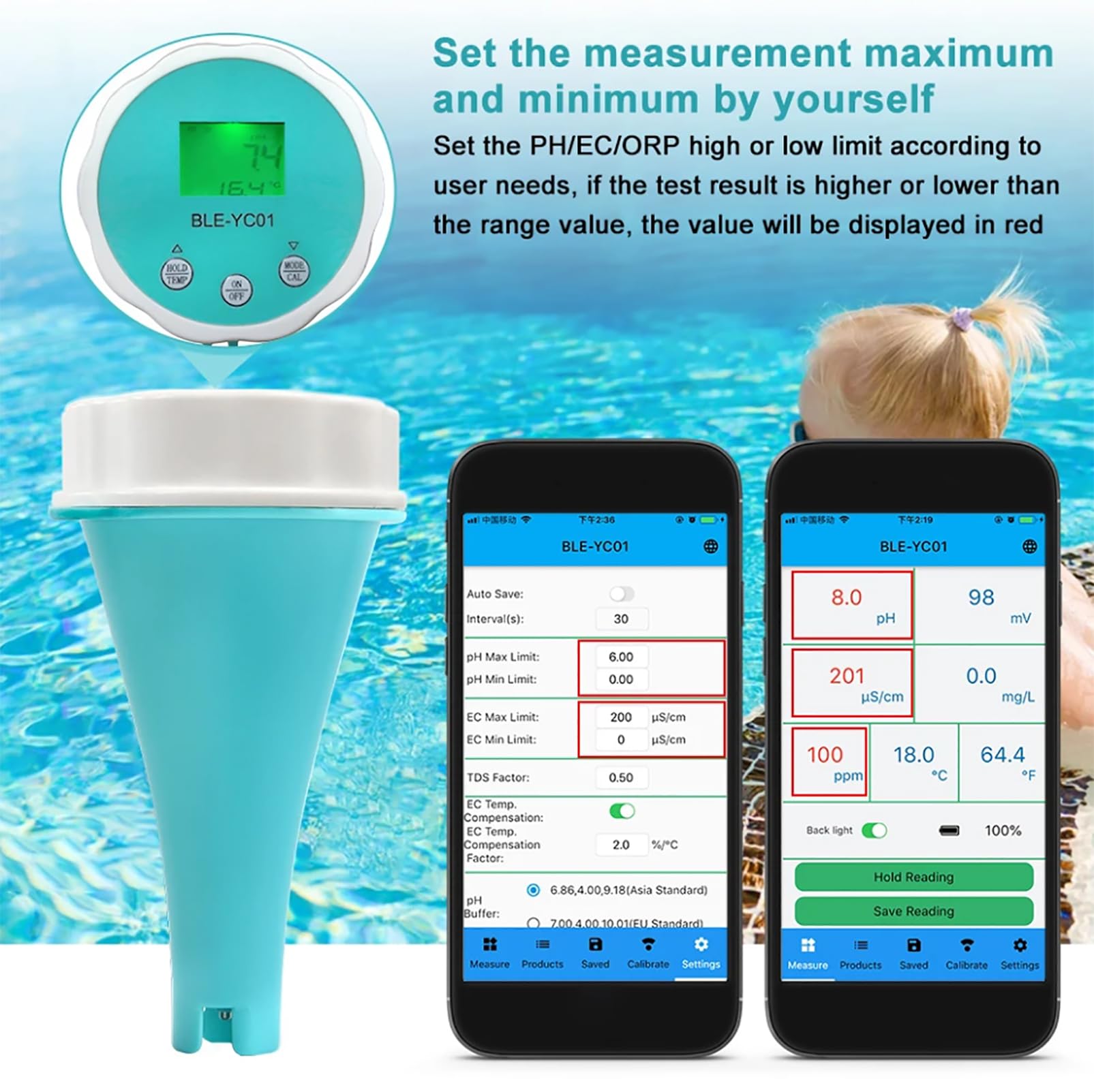 Intelligenter Wasserqualitätstester, 6-in-1-Bluetooth-Schwimmbadmonitor-Wassertester Mit App-Verbindung, PH CL EC TDS ORP-Temperatur Für Pool, Aquarium, Whirlpools Und Swim Spas