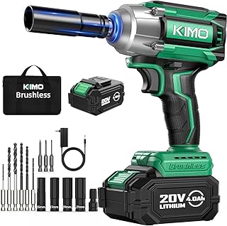 KIMO Impact Wrench 1/2 Cordless, 3000RPM, 9-Piece Drill & Driver Set, 4 Sockets, 406ft-lbs (550N.m) Impact Drill for Car Tires, Safety Lock, 4000mAh Battery, Variable Modes Power Smart Impact Wrench