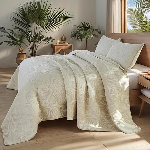 Miniatura 1 de Brandream Juego de edredón blanco 100% algodón, tamaño Queen, juego de colcha de 3 piezas, transpirable, ligero